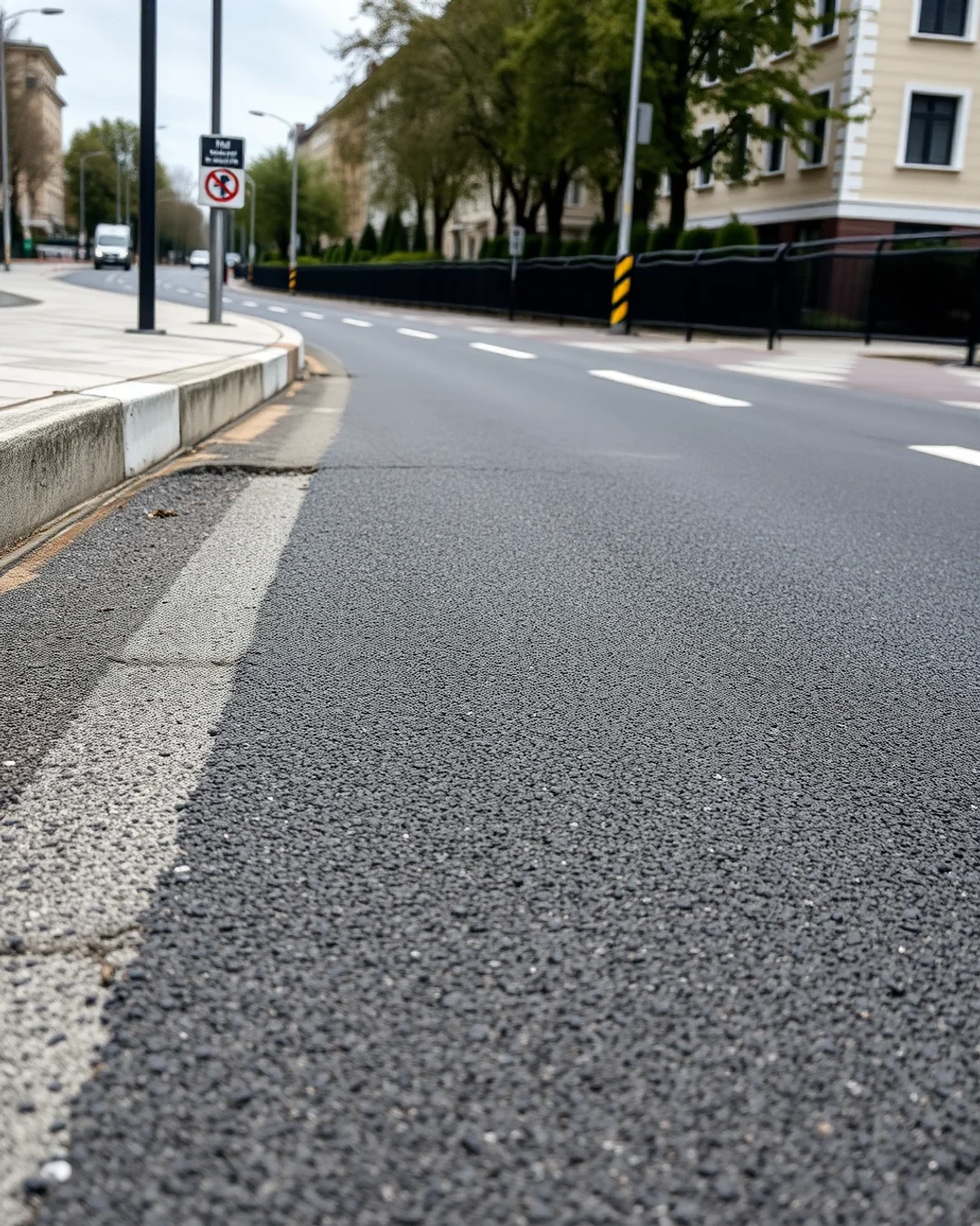 Közeli kép egy frissen aszfaltozott győri útról, új járdákkal, útjelzésekkel és modern utcai infrastruktúrával.