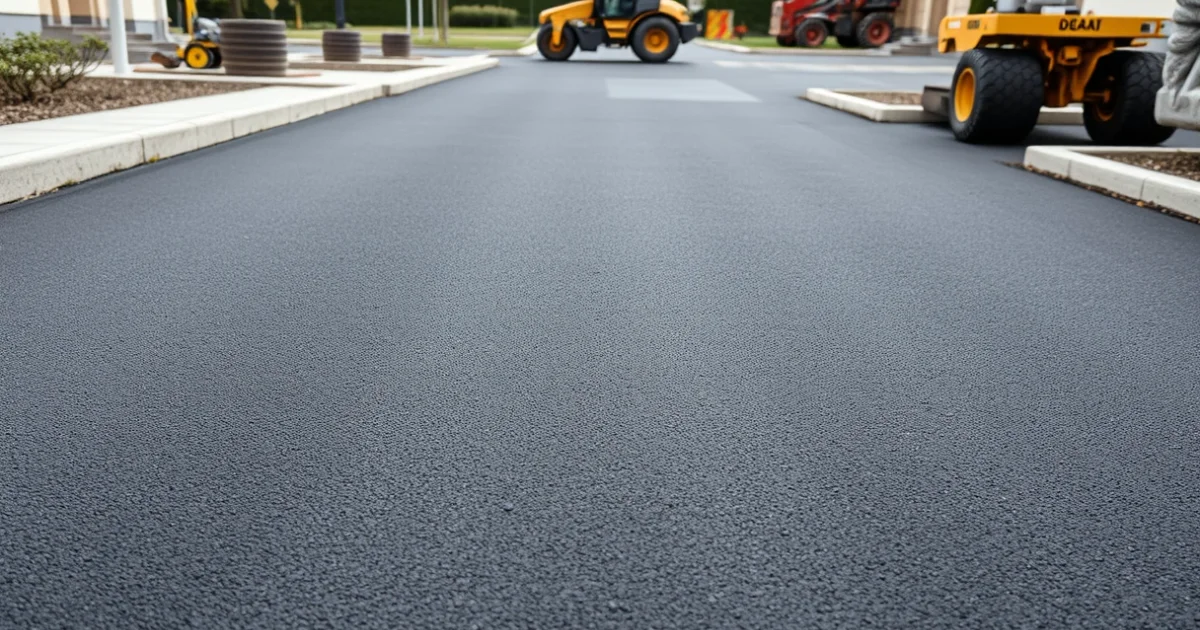 Frissen aszfaltozott kocsibeálló Székesfehérváron, sima felülettel, beton szegélyekkel és építőgépekkel háttérben.
