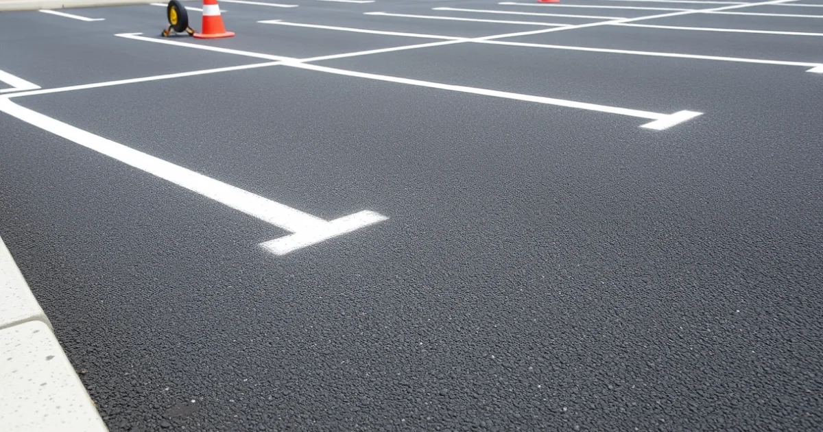 Közelkép egy frissen aszfaltozott, tiszta parkolóról Budapest belvárosában, a DE-NI Road Kft. professzionális munkájával.